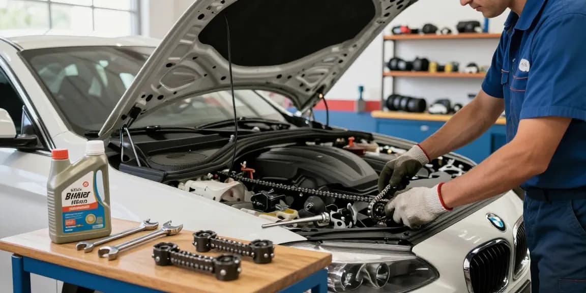 Fachmechaniker beim Wechseln der BMW Steuerkette in Hannover in einer hellen Werkstatt mit professionellen Werkzeugen und Motorbauteilen.