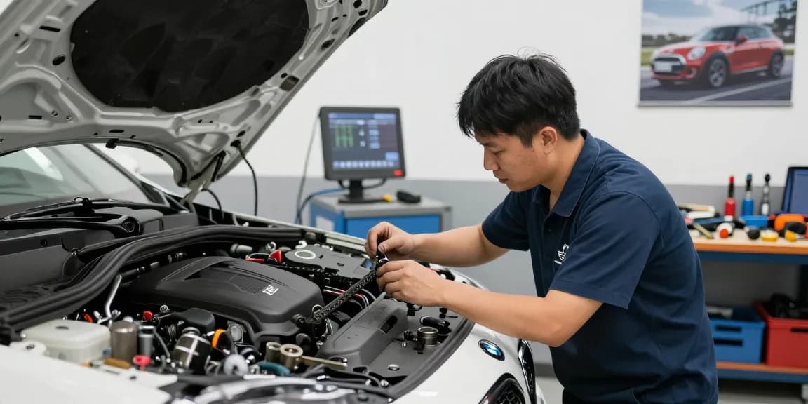 BMW Steuerkette Wechseln durch einen Fachtechniker in einer hellen Autowerkstatt.