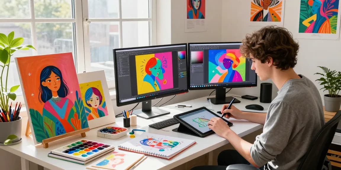 Young artist using a nsfw ai generator in a colorful digital studio, surrounded by creative tools and mood lighting.
