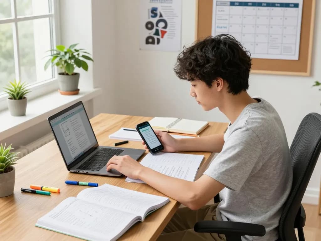 Student nutzt die Hausaufgaben Scanner-App in modernem Arbeitszimmer mit Büchern und Notizen