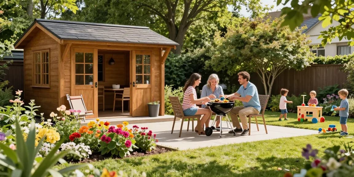 Hübsches Gartenhaus umgeben von Blumenbeeten und einer Familie beim Grillen im Garten, sonnige, einladende Atmosphäre.