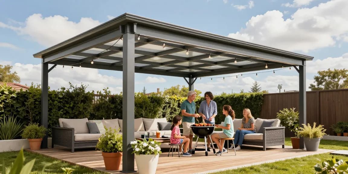 Terrassenüberdachungen in einem modernen Garten mit Familie beim Grillen.