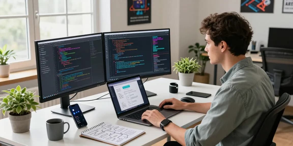 Build internal tools with AI in a modern tech workspace with dual monitors and vibrant code.