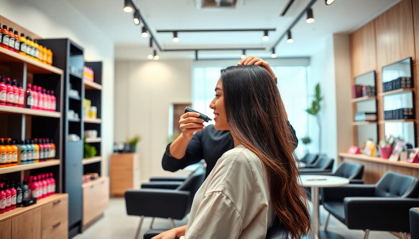 염색 미용실 showcasing a professional hairstylist dyeing hair in a vibrant salon interior.
