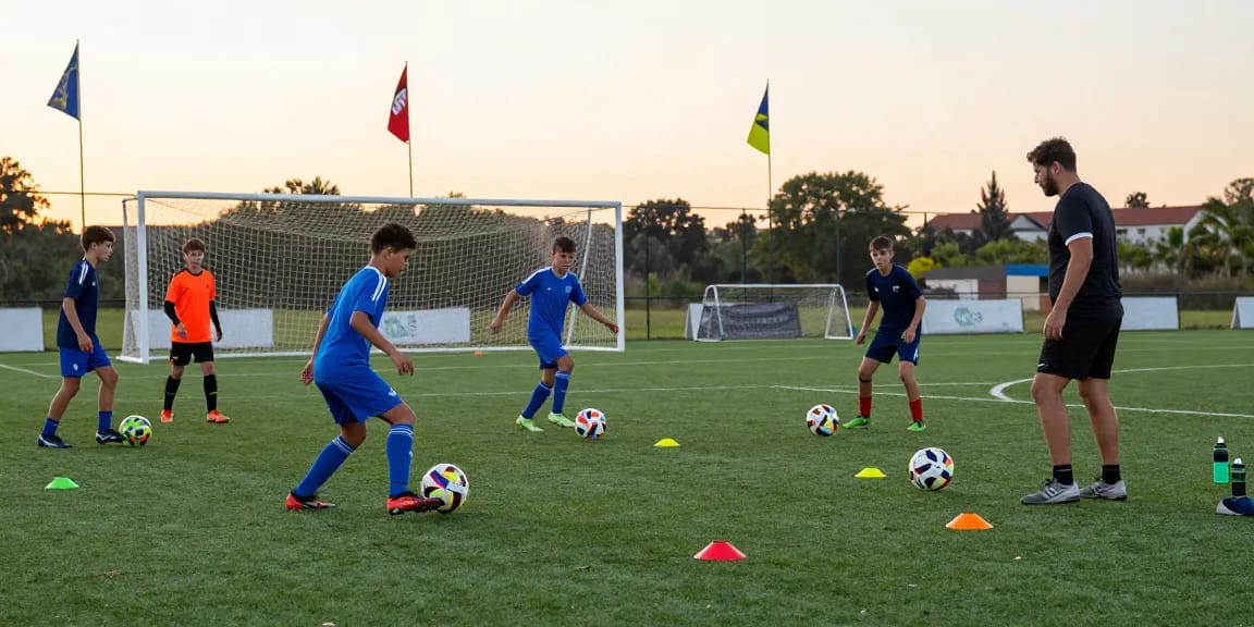 Qualitative Trainingseinheit mit Matchball Fußball auf Platz, junge Talente verbessern Technik für den nächsten Wettkampf.