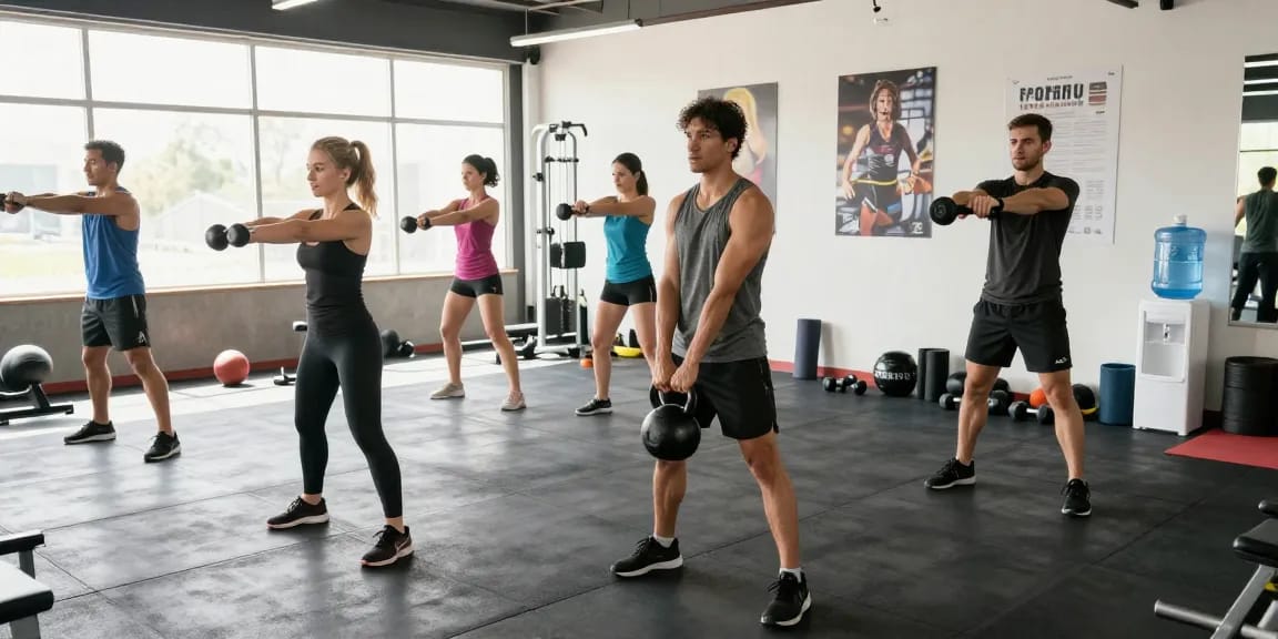 Aktive Fitnessgemeinschaft im Selliza Shop, die im modernen Fitnessstudio trainiert, mit hochwertigem Equipment und motivierenden Umgebungsdetails.