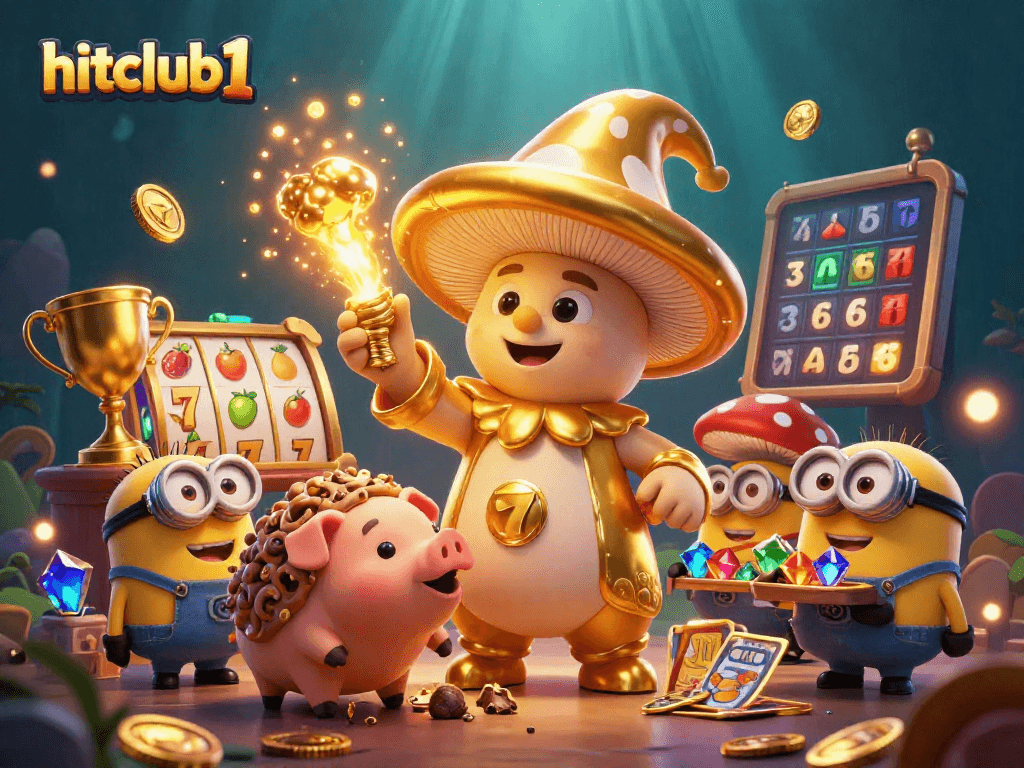 Join hitclub1 in a vibrant casino adventure with magical characters and slot reels!