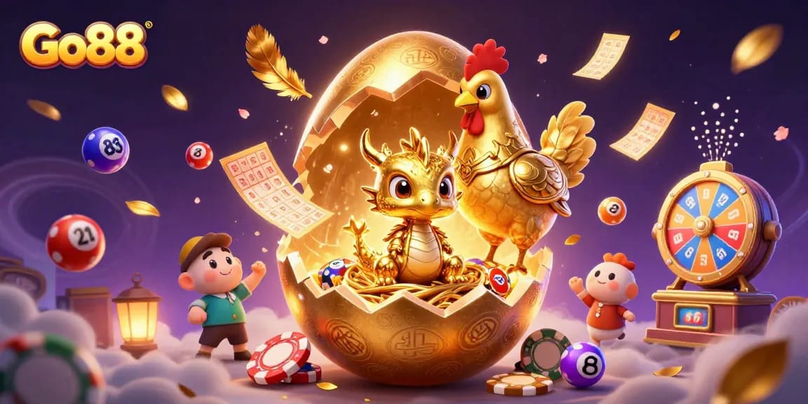 Experience Go88 with a dazzling 3D scene showcasing a golden dragon, poker chips, and dynamic casino elements.