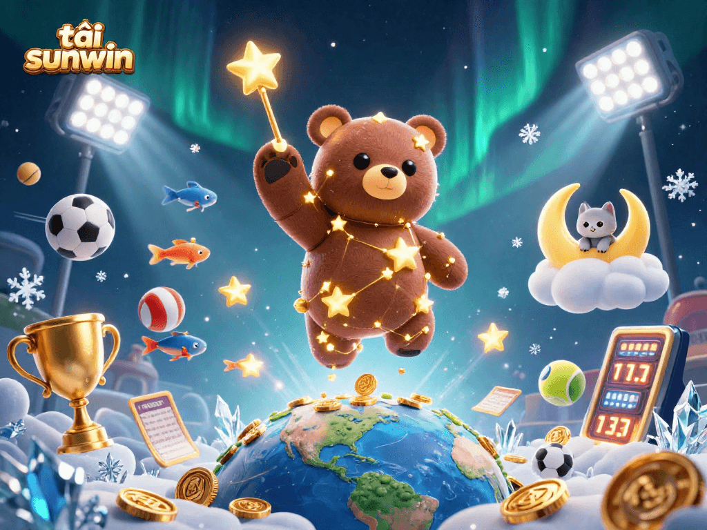 Engage with tải sunwin as a constellation bear scoops winning coins in an immersive gambling scene.