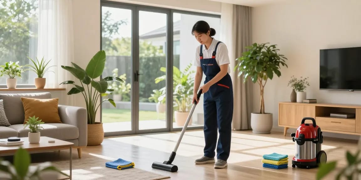 Reinigungsfirma Bern cleaning expert tidying a bright residential space.