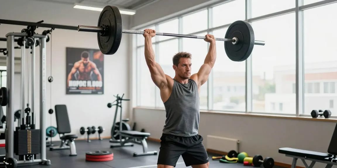 Prime Pharma Shop: Athlet beim Gewichtheben im modernen Fitnessstudio.