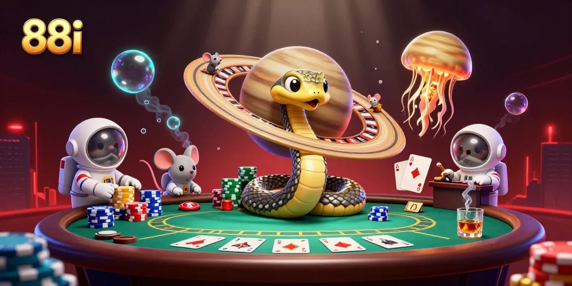 88i's Saturn ring snake roulette scene with astronaut mice betting, featuring vibrant poker elements.