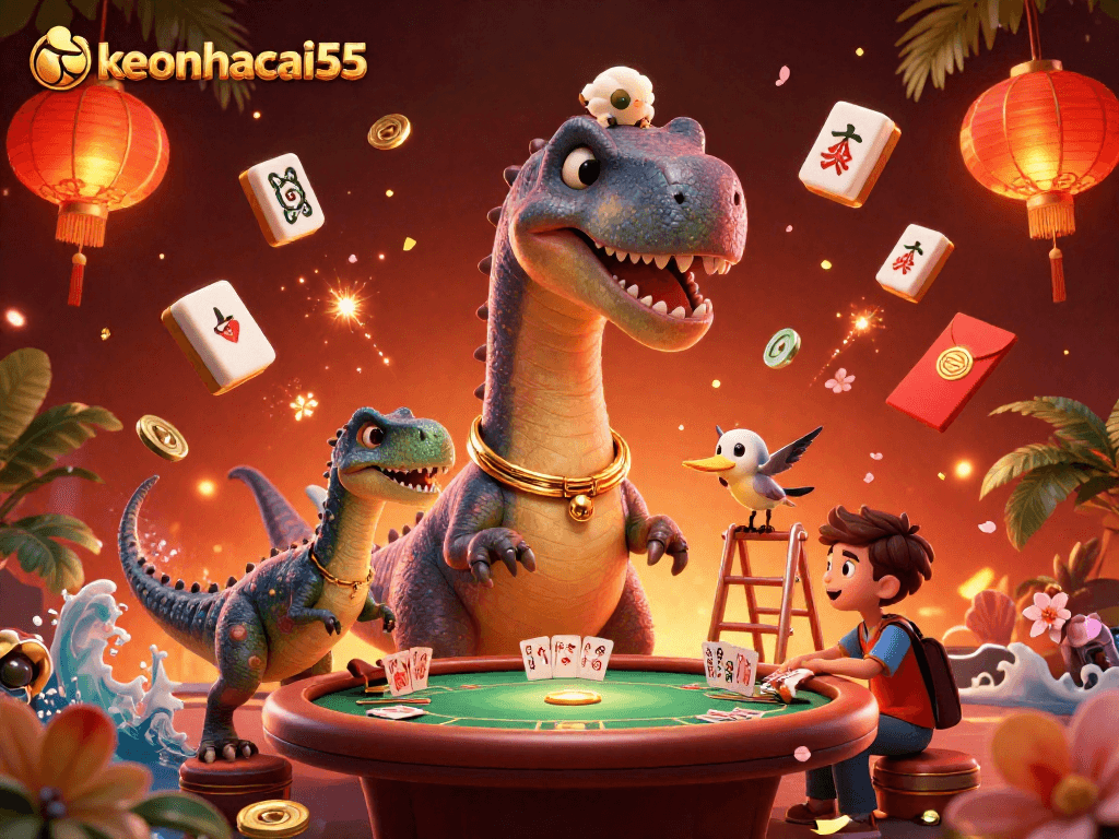 Engage in fun poker moments with keonhacai55 as a giant brontosaurus watches the game