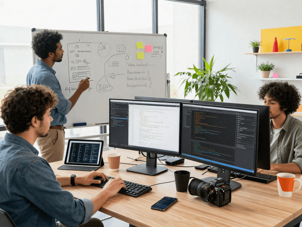 Collaborative team at http://debet-app.com workspace focusing on software development and brainstorming.