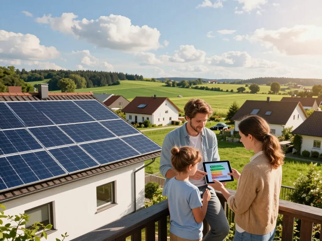Photovoltaik Bayern Wohngebiet mit Familien, die Lösungen und Angebote für Solarenergie diskutieren.