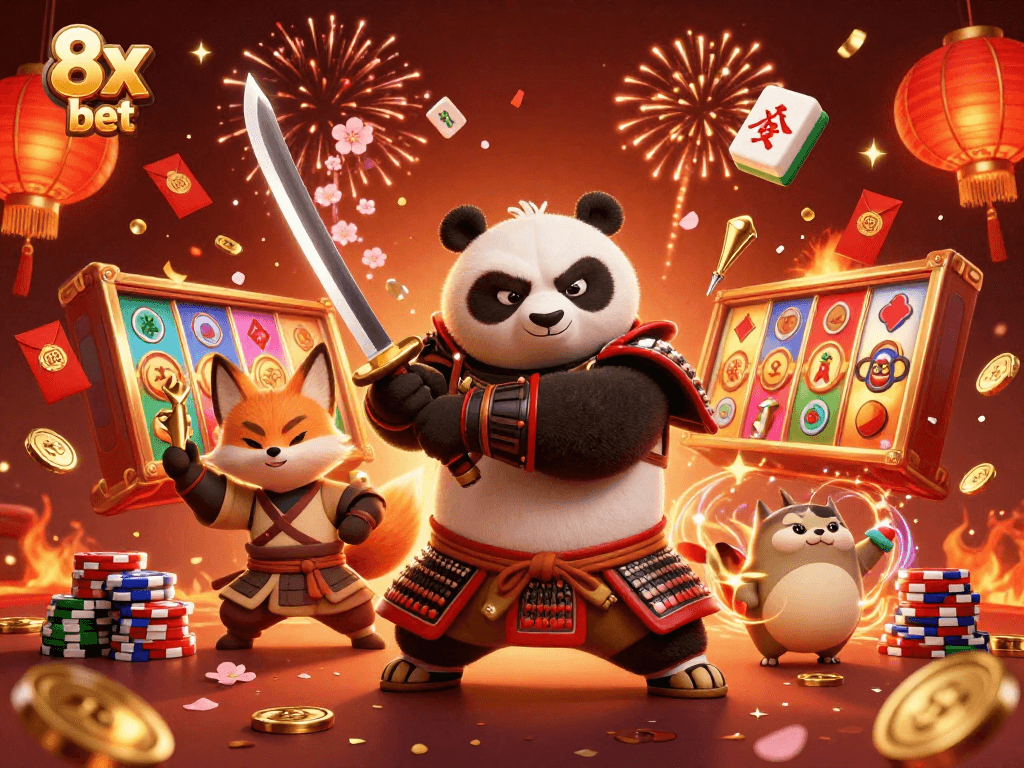 Engage your skills with 8x bet in a vibrant casino scene featuring a samurai panda, ninja fox, and magical tanuki.
