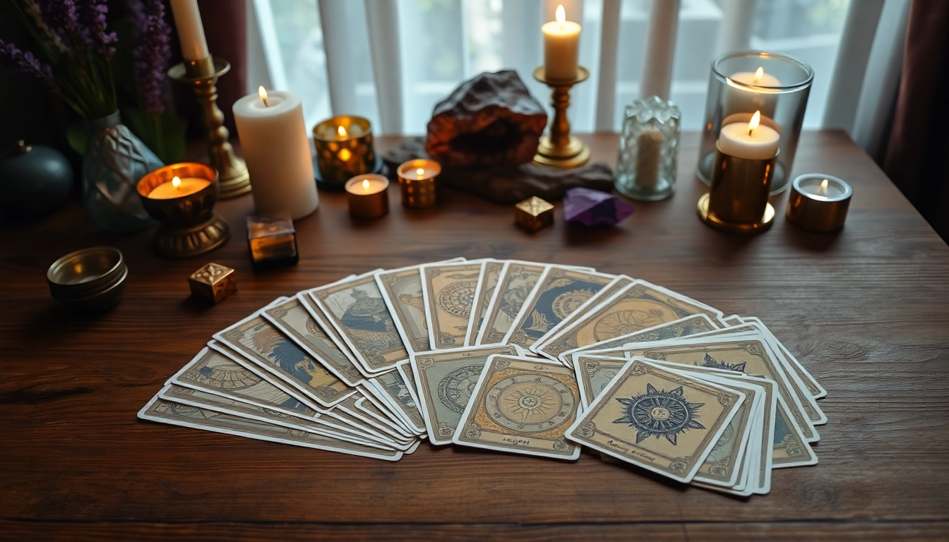 Entdecken Sie die tarotkarten bedeutung mit kunstvoll angeordneten Karten auf Tisch.