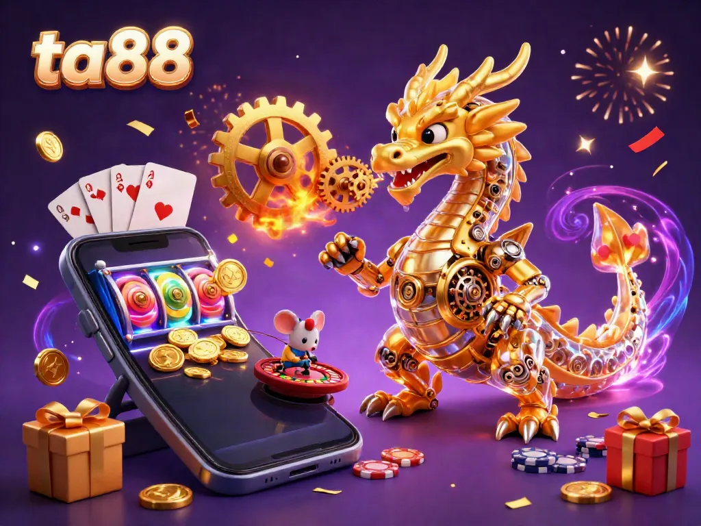 Engage with the thrilling world of ta88 through a dynamic 3D scene of a golden dragon amidst gaming excitement and lively elements.