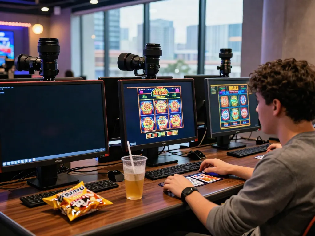 Engaging gaming scene at https://nbet.group/ featuring a focused player amidst multiple screens showing casino games.