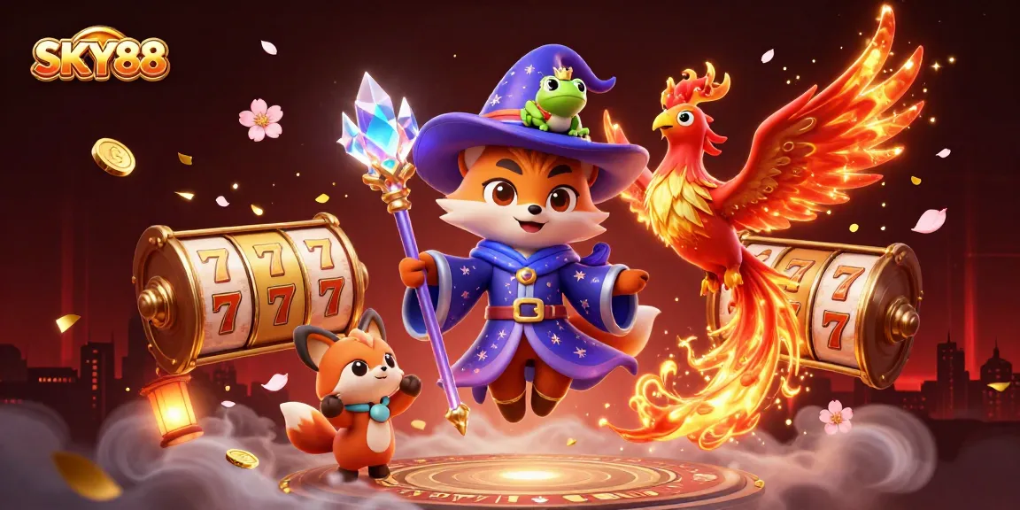 Engage with SKY88 using this vibrant fantasy illustration showcasing a magical casino adventure filled with animated slot reels and lucky symbols.