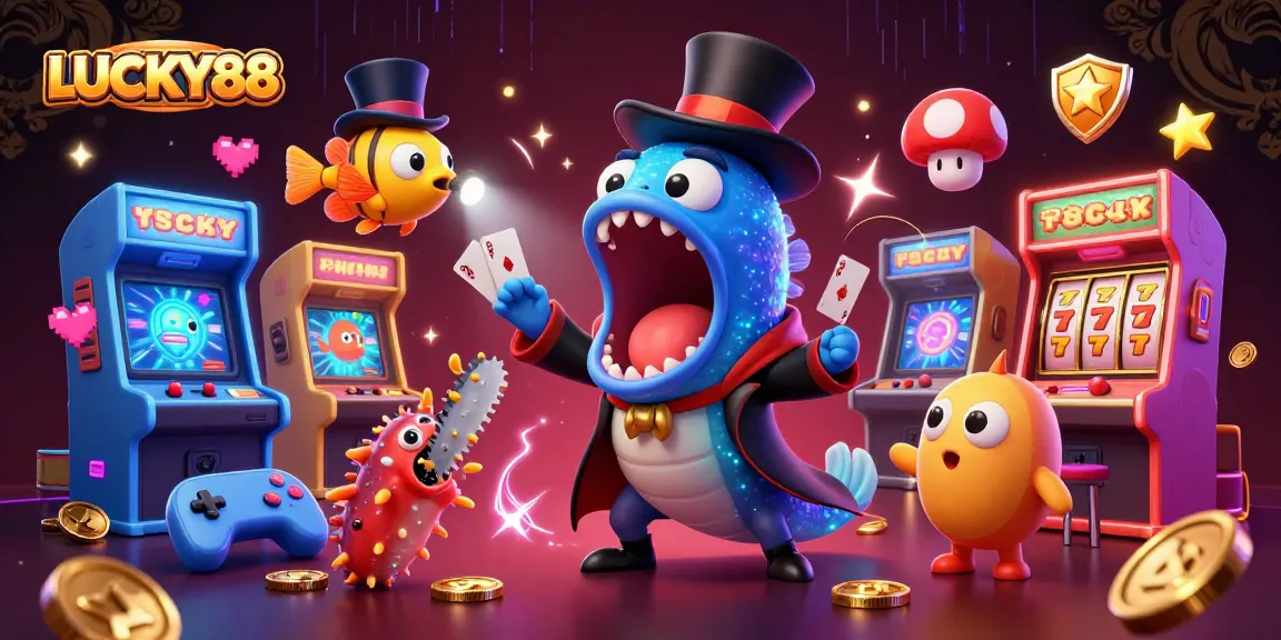 Experience LUCKY88's thrilling slot magic with animated characters performing tricks amidst vibrant casino elements.