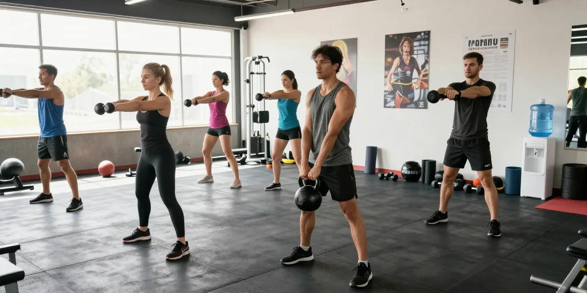 Aktive Fitnessgemeinschaft im Selliza Shop, die im modernen Fitnessstudio trainiert, mit hochwertigem Equipment und motivierenden Umgebungsdetails.