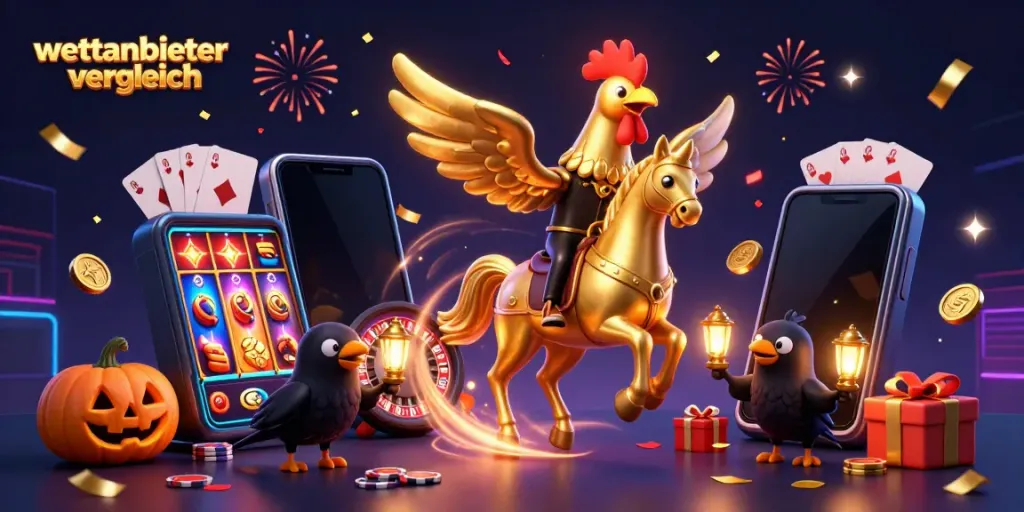 Engage in the thrilling action of a 'wettanbieter vergleich' casino adventure featuring a golden rooster in a midnight setting.