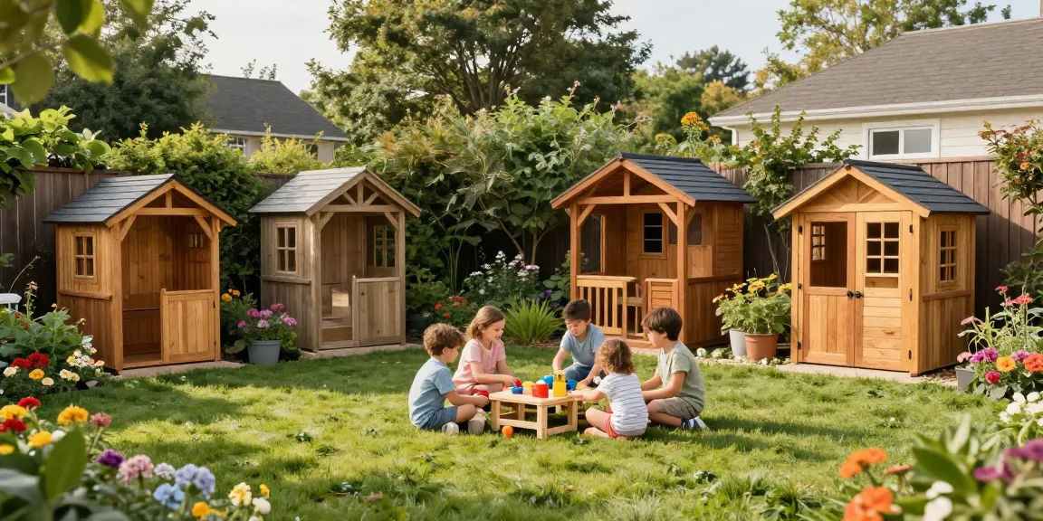 Verschiedene Gartenhäuser von McGarden24 in einem schönen Garten mit Familie und Blumenbeeten.