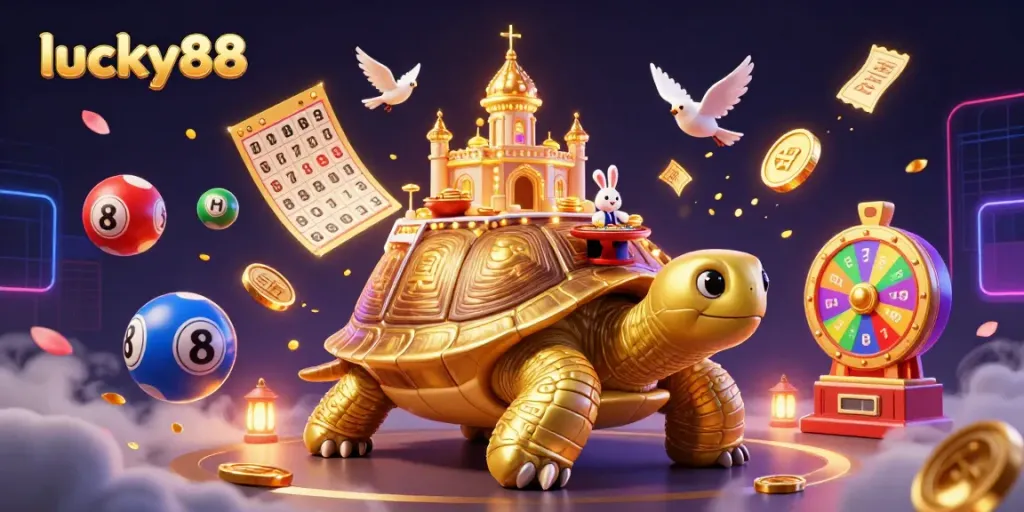 Engage with the vibrant lucky88 gaming experience featuring a golden tortoise casino scene, lively lottery activities, and festive elements.