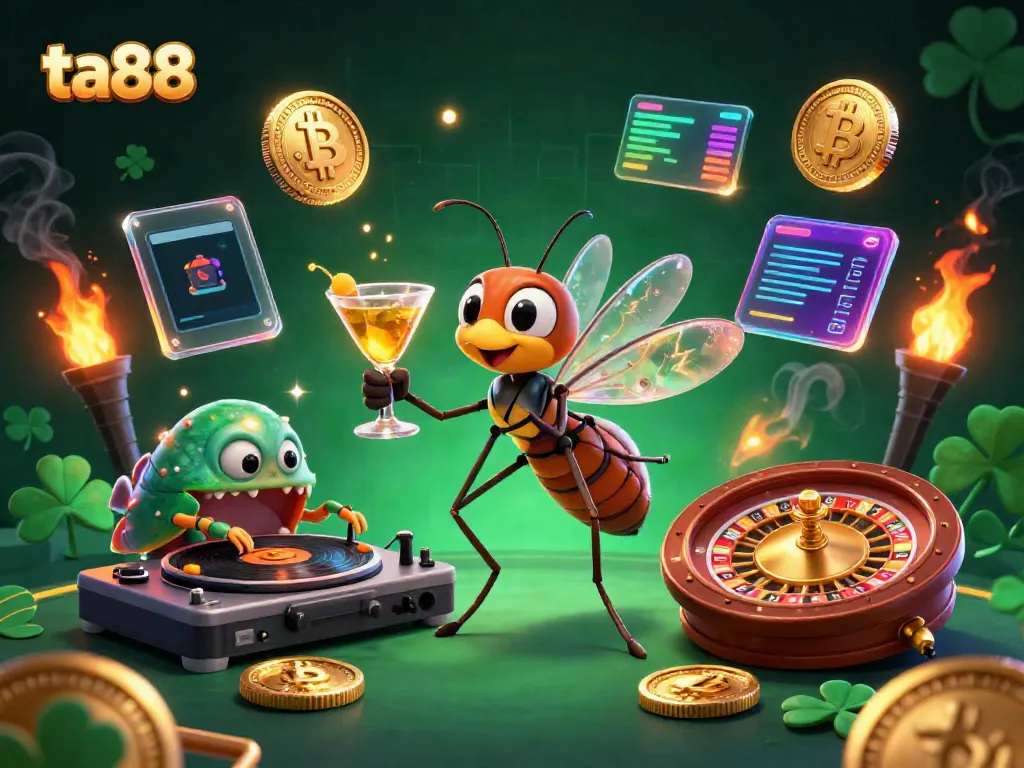 Bet on big wins with ta88 in an energetic casino setting featuring unique characters and golden elements.