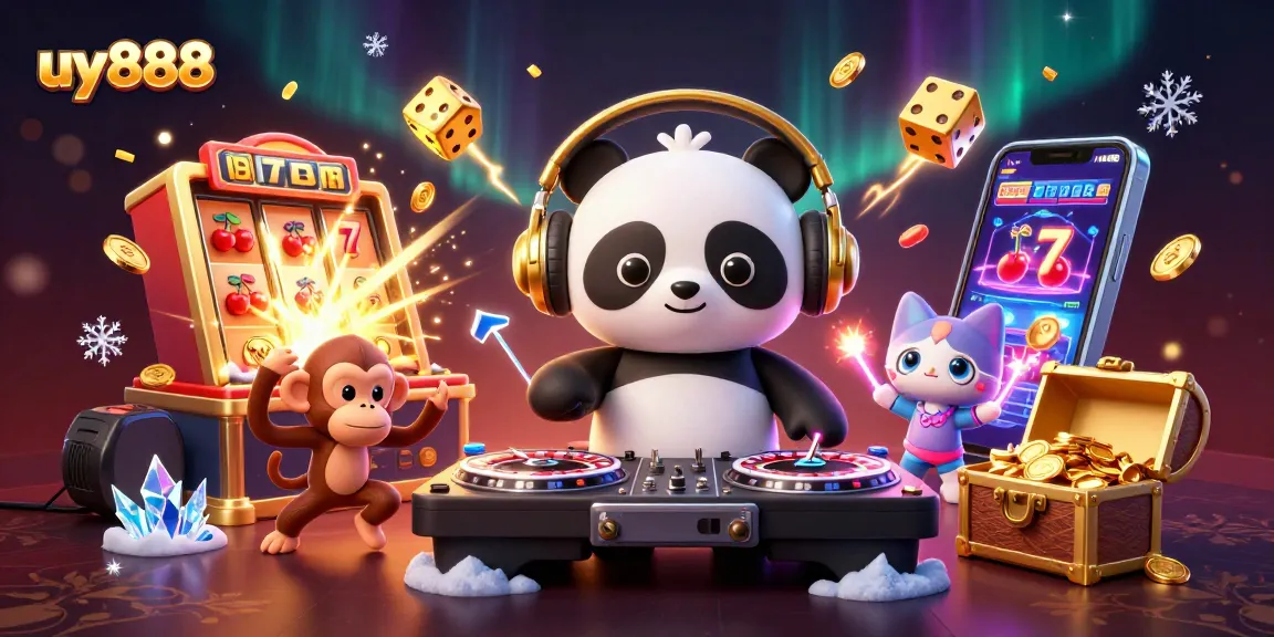 Catch the excitement of uy888 with a DJ panda spinning roulette wheels surrounded by vibrant casino elements.