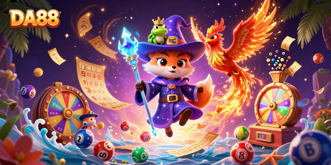 Engaging DA88 illustration showcasing a wizard fox, phoenix, and frog in a vibrant casino-themed scene.