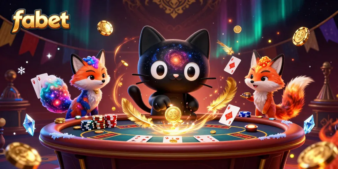 Fabet's vibrant cosmic casino scene with a black hole cat and nebula fox surrounded by poker elements.