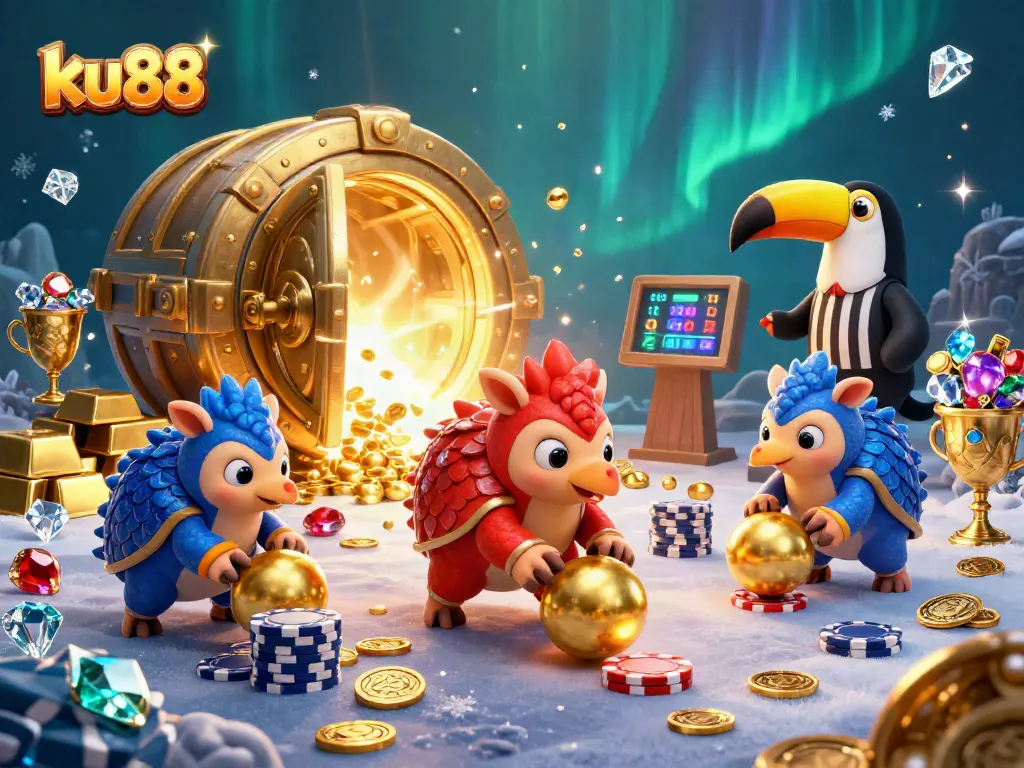 Join the excitement of casino gaming at ku88 with colorful pangolins bowling through poker chips.