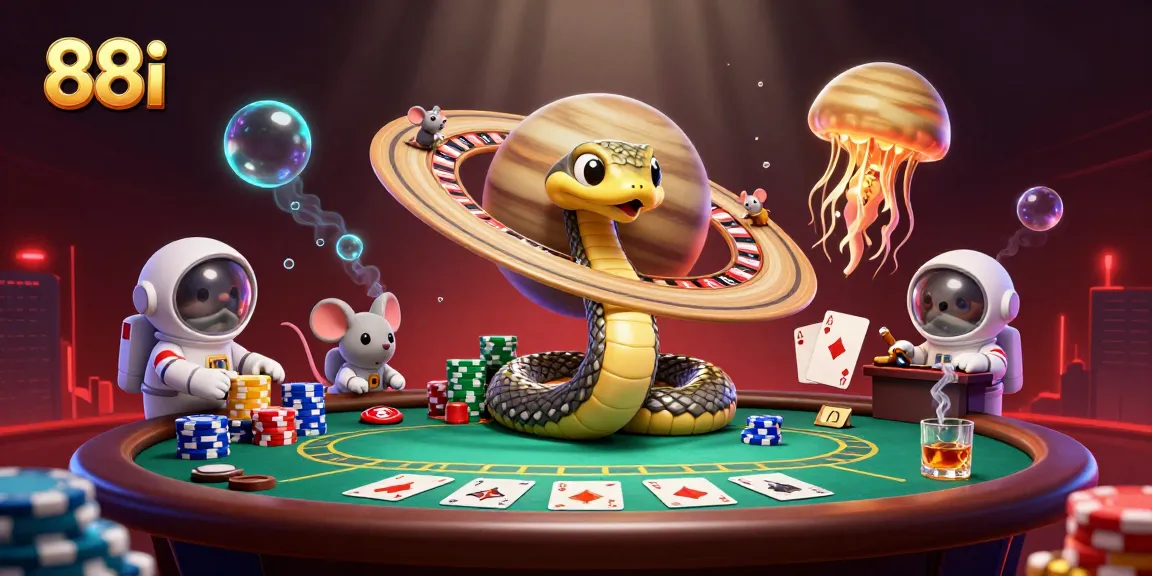88i's Saturn ring snake roulette scene with astronaut mice betting, featuring vibrant poker elements.