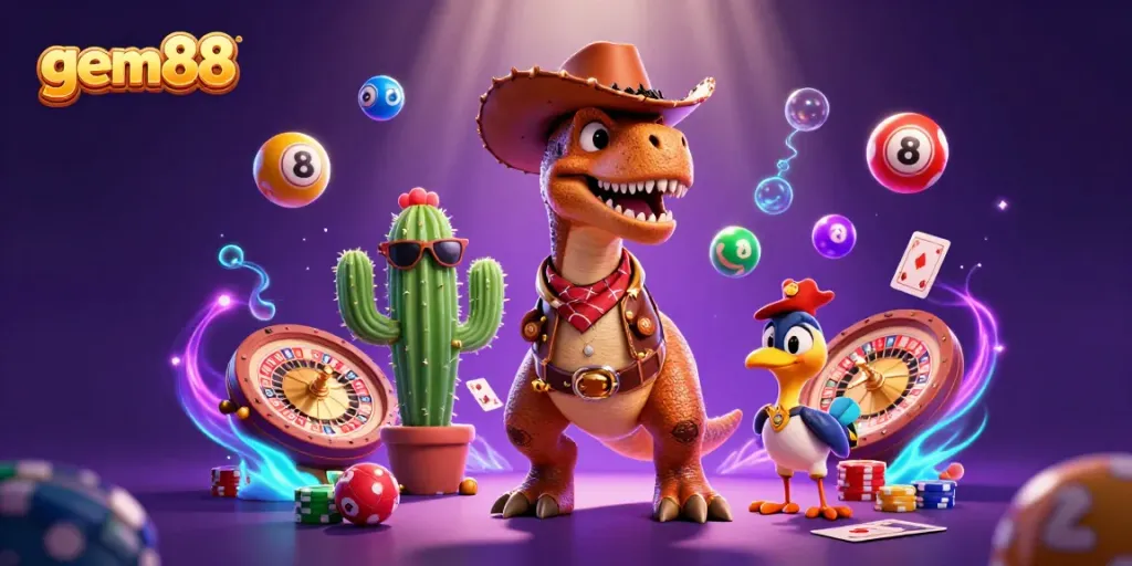 Experience gem88's thrilling gaming adventure with a cartoon dinosaur and rich casino elements.