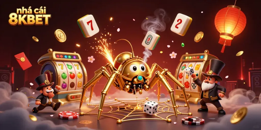 Engage with the thrilling world of nhà cái 8KBET illustrated by a steampunk spider catching dice in a dazzling casino scene.