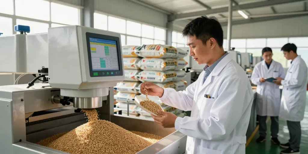Innovative livestock manufacturing with ROKOK88 feed showcasing quality grain analysis and nutritional advancements.
