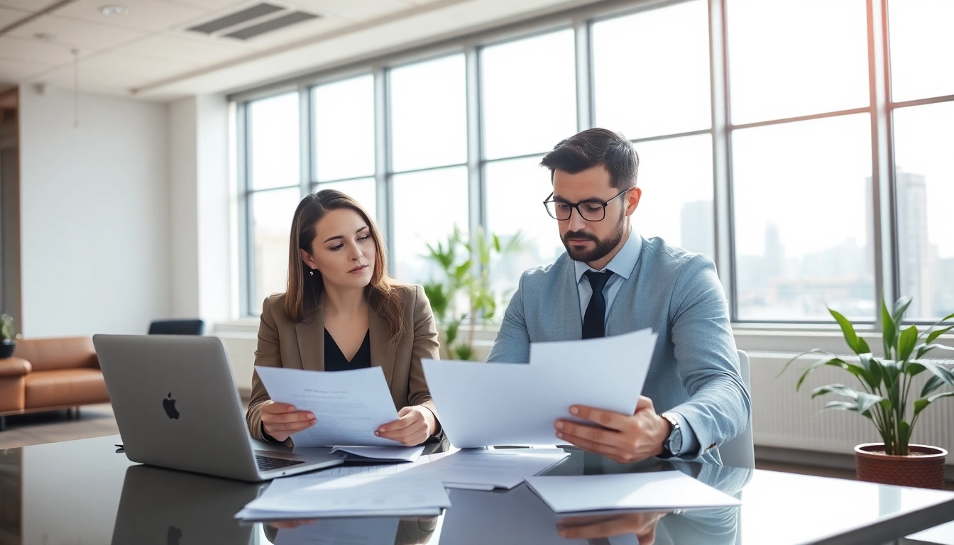 Hausverkauf bei Scheidung - Couple reviewing real estate paperwork in a bright office.
