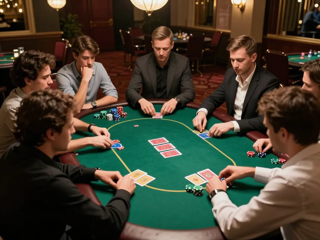 Players strategizing during an exciting poker game at 23Win casino with vibrant chips and warm lighting.
