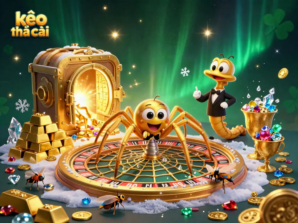 Navigate the exciting world of kèo nhà cái with this vibrant, interactive scene of a spider and fly amid a dazzling casino.