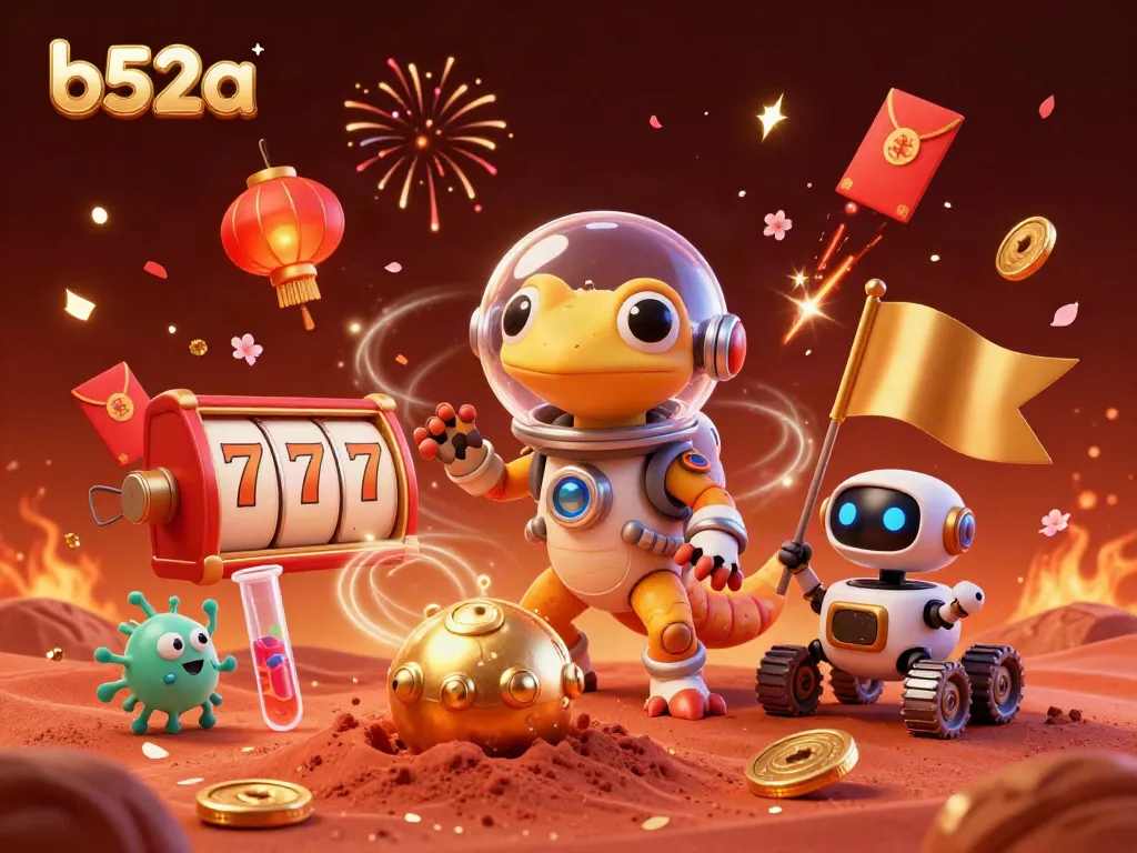 Experience the vibrant gaming universe of b52a with dynamic illustrations of a Martian gecko exploring a golden casino.