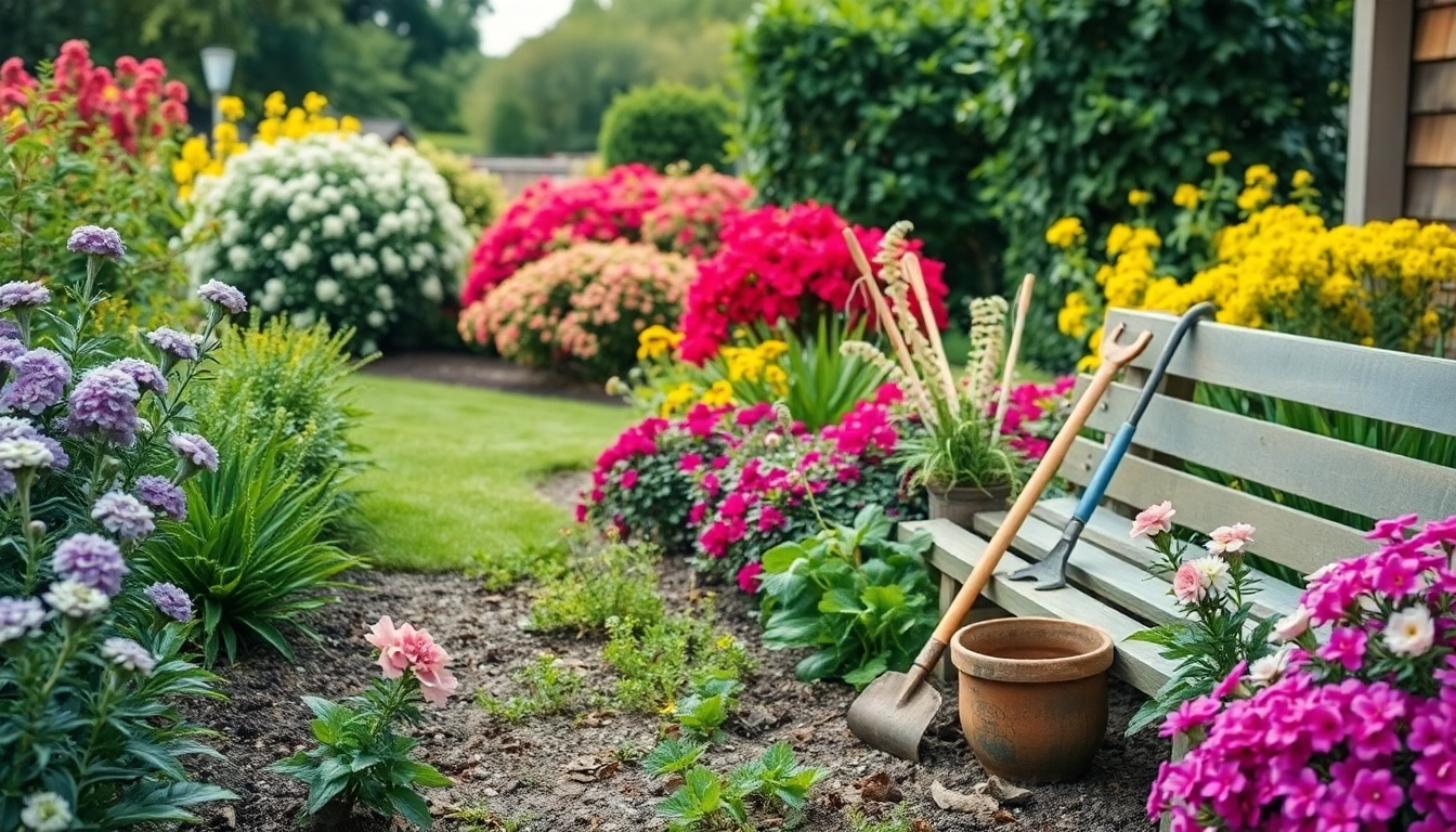Gartenbaubetrieb gestaltet einen blühenden Garten mit lebhaften Blumen und farbenfrohen Pflanzen.