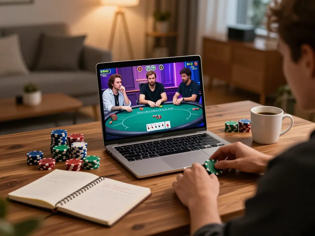 A casual player analyzing their hand in an lc88 online poker game at home, surrounded by chips and strategy notes.
