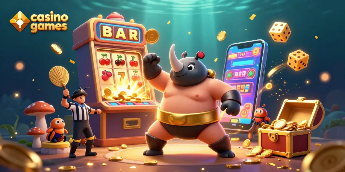 Experience vibrant casino games with a 3D rhinoceros beetle champion surrounded by dynamic jackpot elements.