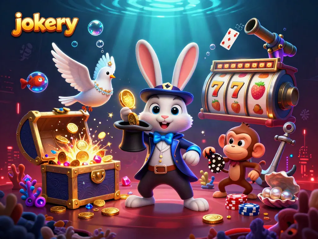 Experience the thrill of jokery action with a magician, dove, and monkey in an exciting casino scene.