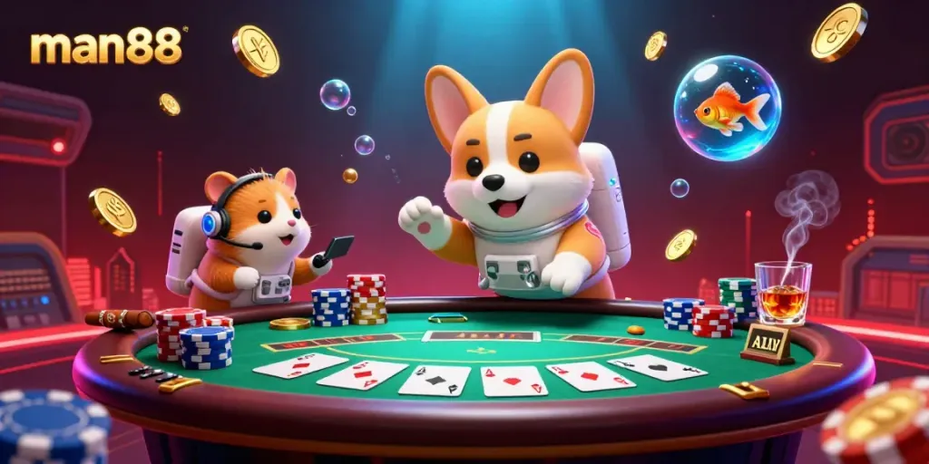 Experience the thrilling space casino scene with man88, featuring cartoon characters playing poker amidst drifting chips and coins.