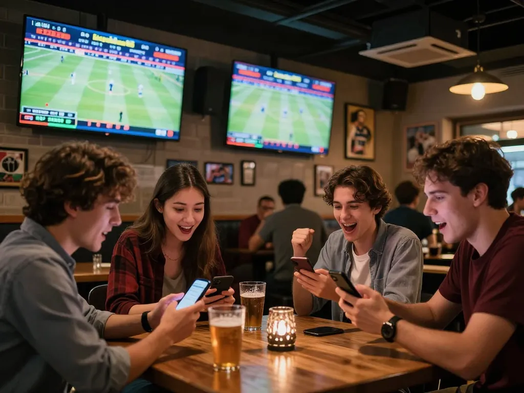 Fans reviewing soi keo nha cai on smartphones during an exciting game in a vibrant sports bar.