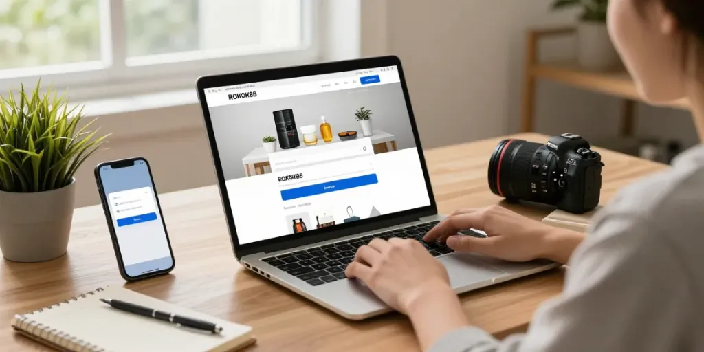 User accessing rokok88 link login on a laptop in a stylish home workspace, highlighting modern e-commerce experience.