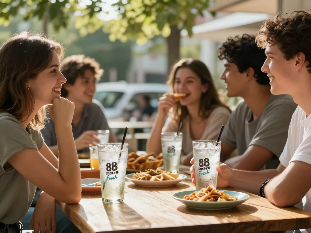 Friends enjoying ROKOK88 soda during a summer outdoor gathering
